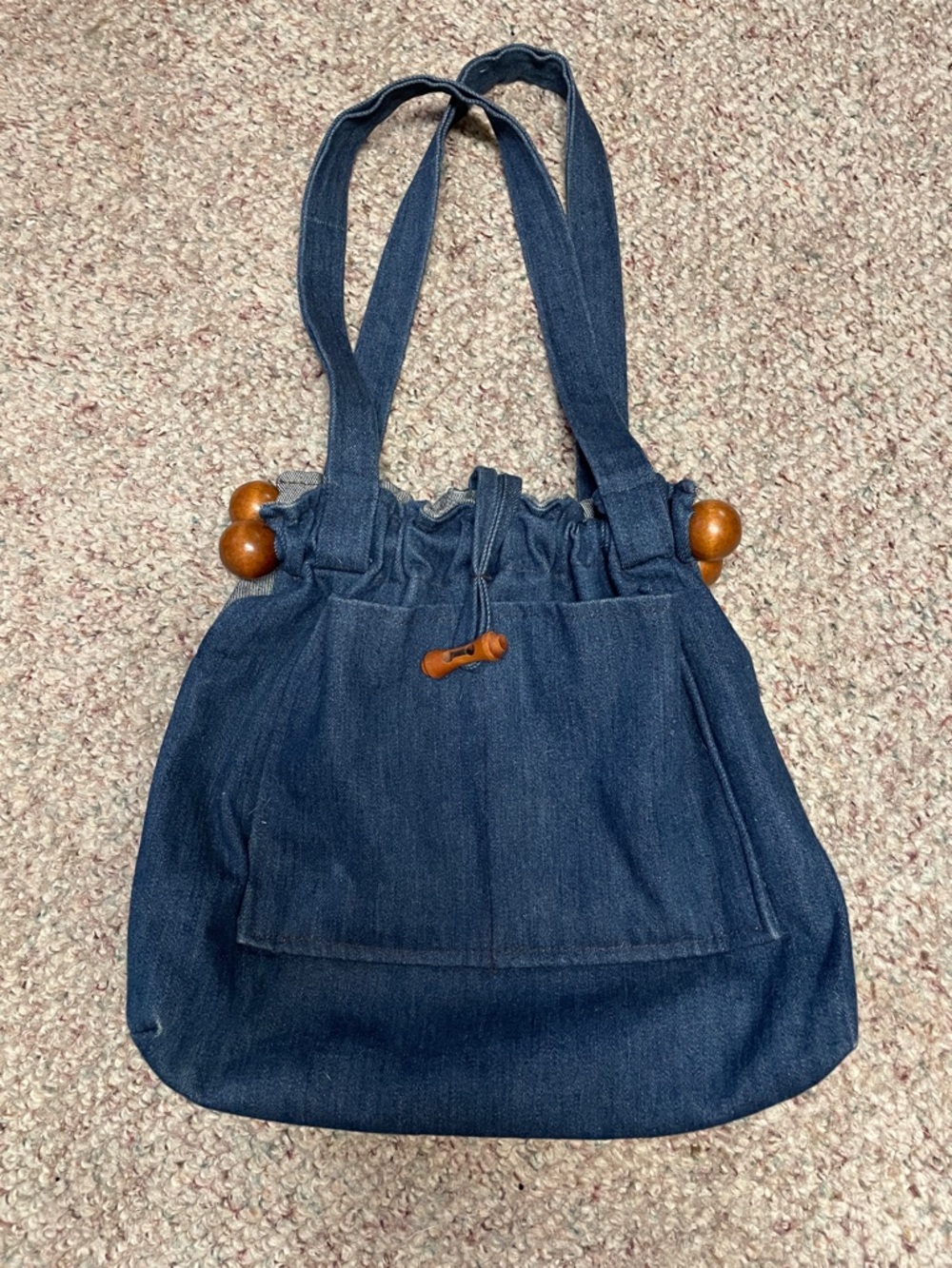 Vintage 70s handmade Denim wood Drawstring Tote Bag with button front